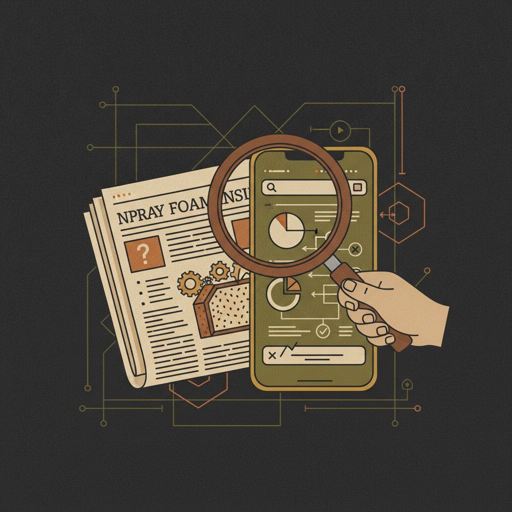 Editorial illustration of a magnifying glass examining spray foam news content